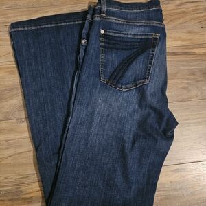 7 For All Mankind Women's Boot Cut Jeans in Dark Blue with Yellow Stitching 31L